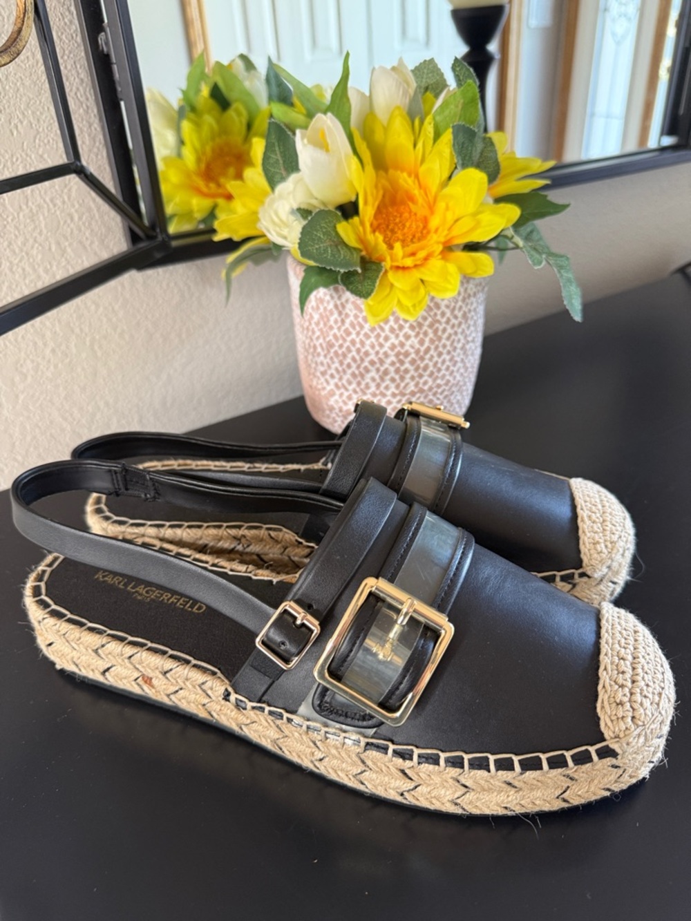 Karl Lagerfeld Black Espadrille Slingback Sandals with Gold Buckle - Picture 4 of 10